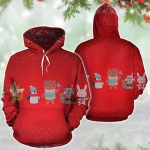 Cute animal fox penguin merry xmas red hoodie 3d